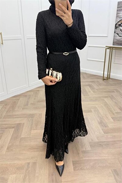 Dipmoda Women's Black Lace Fabric Maxi Length Hijab Dress