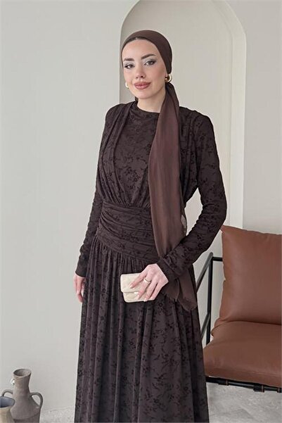 Dipmoda Brown Waist-Draped Full-Length Flock Print Hijab Dress