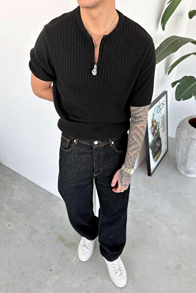 HAFKAGİYİM Μαύρο πλεκτό μπλουζάκι Premium με μισό φερμουάρ