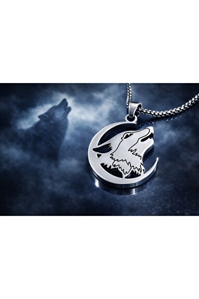 voyageaccessory قلادة على شكل ذئب أسود داخل هلال من الفولاذ المقاوم للصدأ، رم...