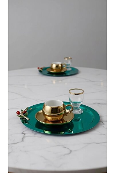 SİNİ Zeytin Dalı Aksesuarlı Paslanmaz Çelik 2 Adet Yuvarlak Lüx Yeşil Kahve, ...