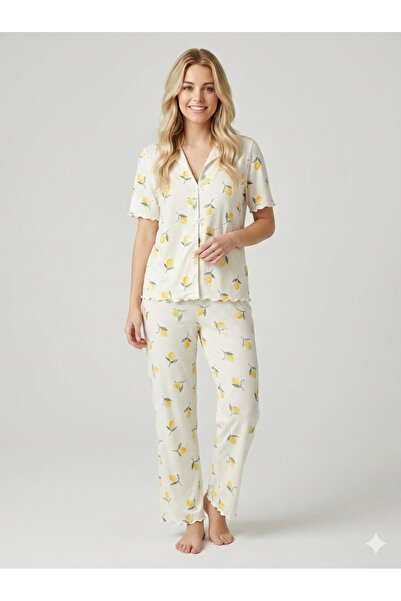 SULTANHOMEEE Desenli Kısa Kol Kadın Düğmeli Pijama Takımı