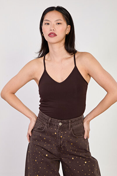 BARRELS AND OIL Women's backless tank top with chest pads - dark brown