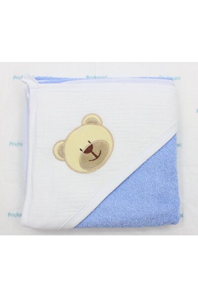 PRICHINDEL Hooded Towel, Martinel Bear, Muslin and Cotton, Blue, 80x100 cm