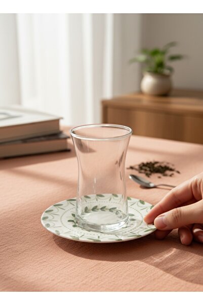 KÜTAHYA HOME Blue Romance 6’lı Çay Seti – Desenli Porselen Çay Tabağı ve Cam ...