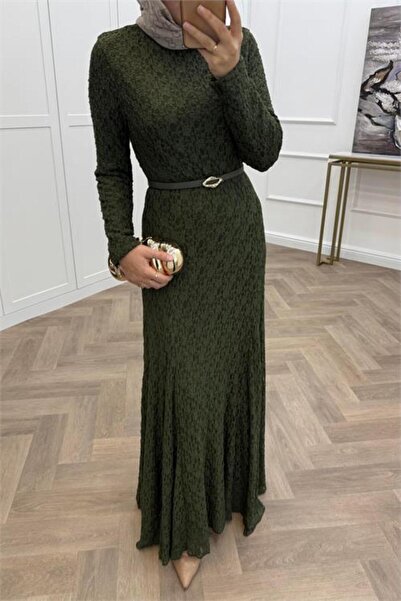 Dipmoda Women's Green Lace Fabric Maxi Length Hijab Dress