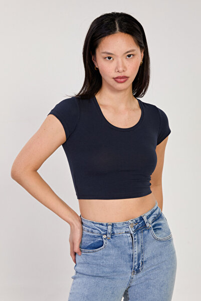 BARRELS AND OIL Women's Leather neck Cropped bodysuit - navy blue