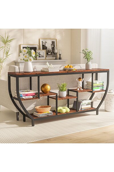 Yanara طاولة أريكة صناعية طويلة جدًا مزودة بأرفف تخزين، إطار معدني، لون بني.