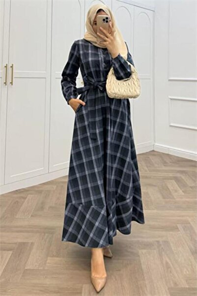Dipmoda Women's Plaid Patterned Button Detailed Hijab Dress Nms076