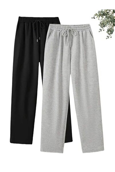 ZEALİS İKİ ADET SİYAH GRİ UNISEX RAHAT KALIP DÜZ PAÇA EŞOFMAN ALTI