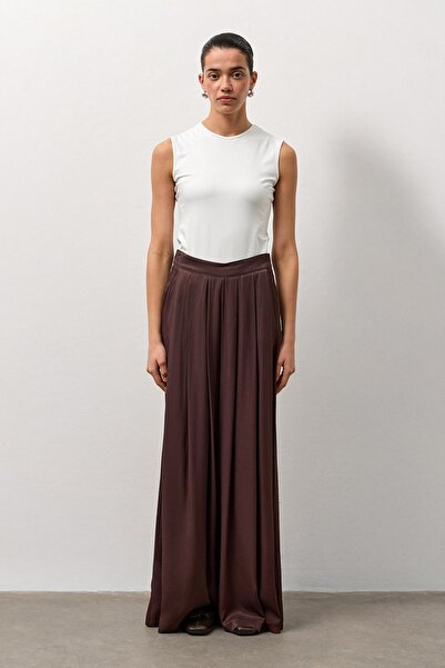 Molene Kahverengi Ön Pileli Dökümlü Bol Paça Pantolon