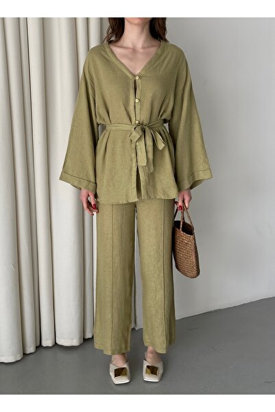 My Blog طقم قميص وبنطلون كاكي 100% قطن - 034