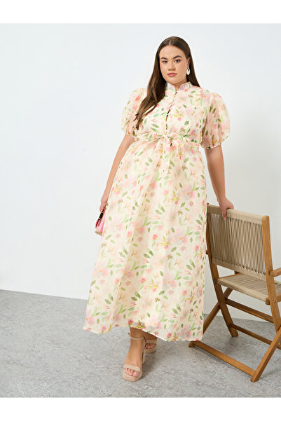 Styli Plus Size Floral Print Puff Sleeves A-Line Maxi Dress