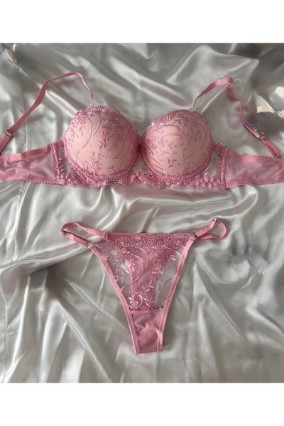 RUYAZ Lace Piece Padded Supported Bra and Panty Set Powder Pink