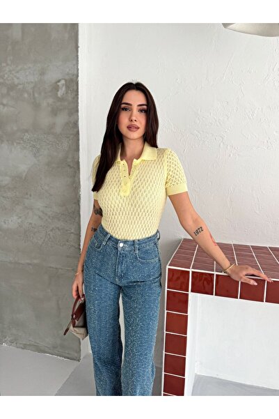MODAMERSİ Women's Yellow Buttoned Polo Collar Short Sleeve Knitwear Blouse