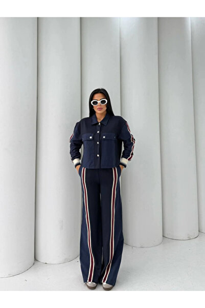 cemo Kadın Şerit Detaylı Geniş Paça Pantolon ve Ceket Takım