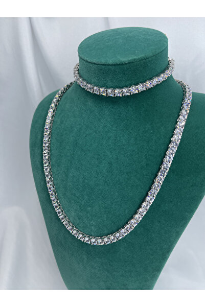 Amora Perla Jewelry 5 mm Su Yolu Kolye Bileklik Set 925 Ayar Gümüş Zirkon Taş...