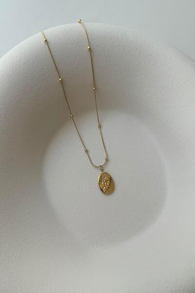 Edip Bijuteri TOPÇUKLU YILAN ZİNCİRDE GÜLLÜ VİNTAGE PLAKA KOLYE