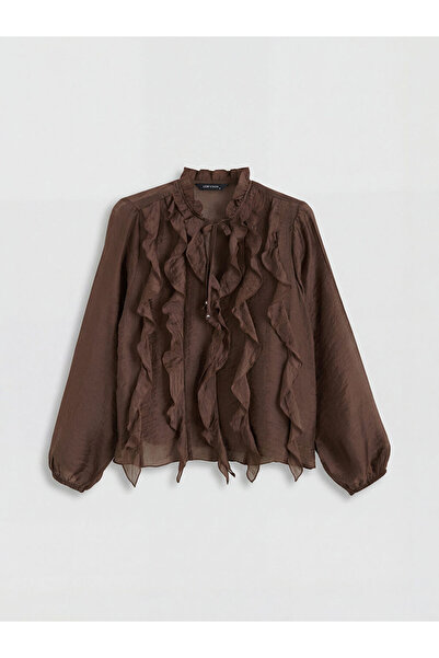 LC Waikiki GiyÇık Store den Kahverengi Bağlamalı Yaka Fırfırlı Bluz