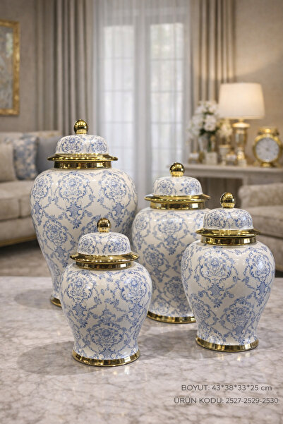 İSHTAR DEKOR Bohem 4’lü Bleu Blanc Küp Seti – Mavi Beyaz Damask Desenli Gold ...