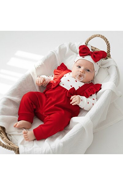 moukou 2-Piece Baby Heart Red Salopet Set 100% Cotton Overalls Holiday Set