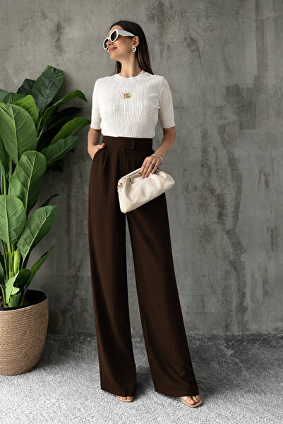 YAKAMEL Women's High Waist Velcro Textured Stretchy Crepe Palazzo Pants