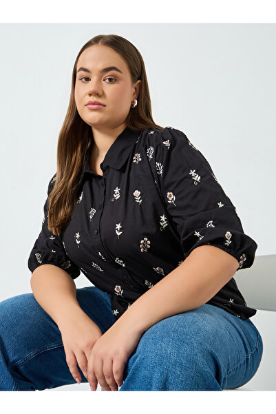 Styli Plus Size Floral Embroidered Cotton Shirt
