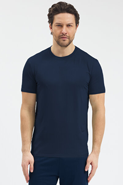 Malabadi تي شيرت رجالي باللون الأزرق الداكن برقبة دائرية مايكرو قماش مودال فا...