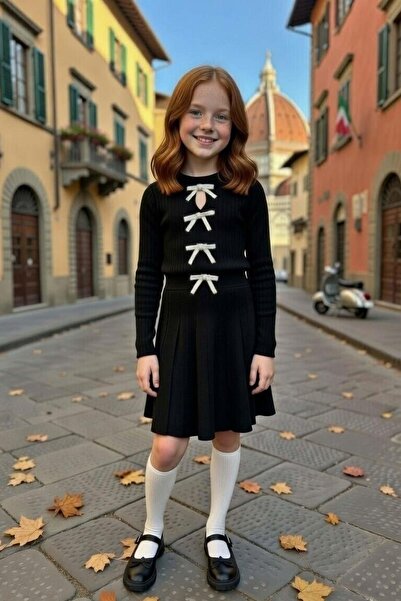 Riccotarz Girl's Crew Neck Sweater with Front Ribbon Detail, Pleated Knitwear...