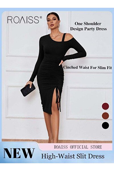 ROAISS Women Evening Party Dress Off Shoulder Strap Design and High Side Slit...