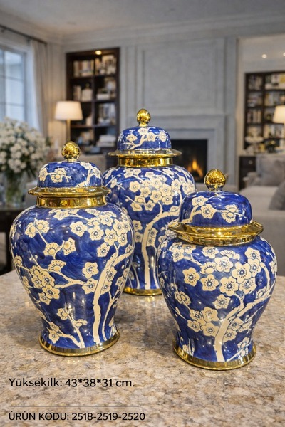İSHTAR DEKOR Modern 3’lü Bleu Blanc Küp Seti – Lacivert Çiçek Desenli Gold De...