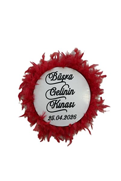 Elriya Kırmızı Gelin Tefi Tüylü İsim Baskılı- Hat Yazılı - İsme Özel Kaligraf...