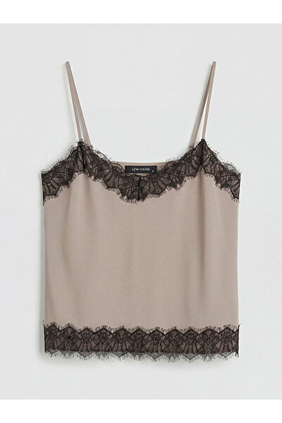 LC Waikiki Lcw Vision Brown V-Neck Lace Detailed Rope Strap Blouse