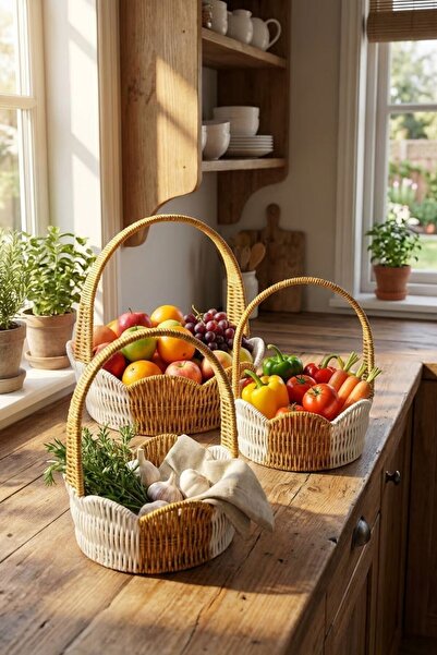 plentiful مجموعة سلال من الروطان مكونة من بمقبض قطع، متشابكة، ثنائية اللون، د...