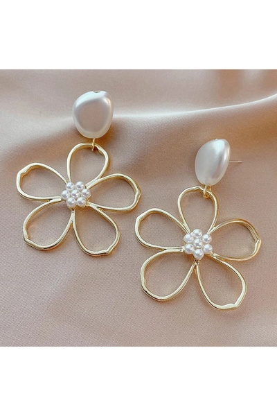 BUNILU Cercei model floare aurie cu perla, design elegant