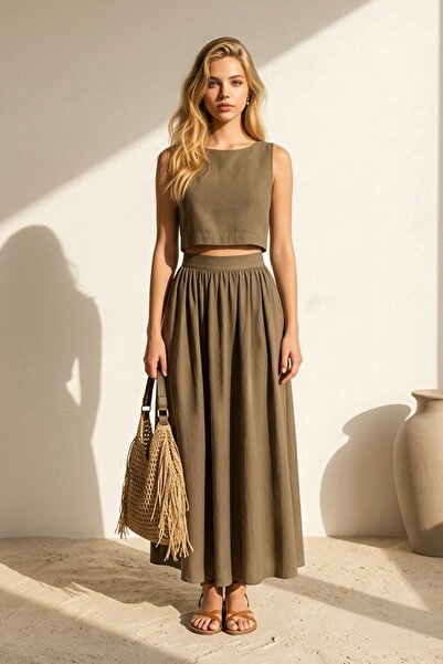 Trend Alaçatı Stili طقم بلوزة نسائية كاكي بدون أكمام وياقة قاربية كتان بقصة ق...