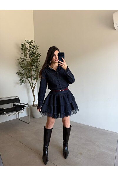 Bade Butik Rochie din denim moale, albastru marin, dantelă piese, curea piese