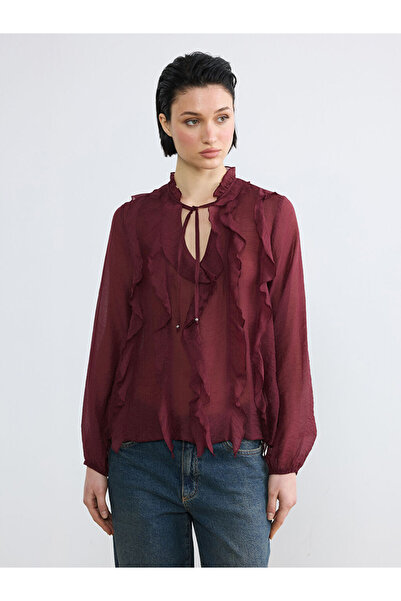 LC Waikiki بلوزة بياقة مكشكشة باللون العنابي بأربطة من متجر GiyÇık