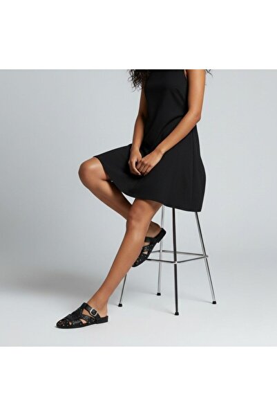 NE&VE SHOES Siyah Hakiki Deri Pim Detaylı ve Tokalı Kadın Kare Burun Sabo Terlik