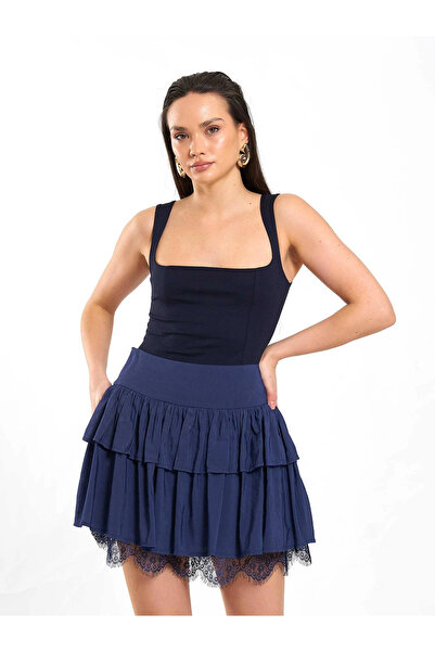 Lefon دانتيل تنورة نسائية قصيرة مبطنة ومفصلة قصة بشكل جرس باللون الأزرق الداكن