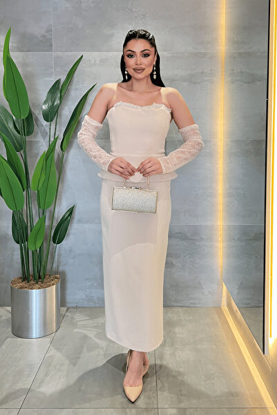 giyimmasalı Atlas Fabric Lace Detailed Strapless Elibse - Beige