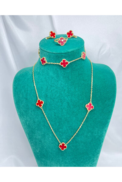 Amora Perla Jewelry Yonca Model Takı Seti 925 Ayar Gümüş Altın Kaplama Kırmız...