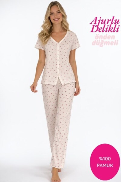seamlife Set de pijamale pentru femei cu model fără guler cu nasturi în față ...