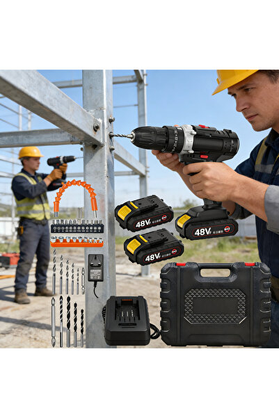 PERFORLLD 48V Cordless Drill Set 2 Batteries 3/8" Chuck 25 Torque 2 Speed LED...