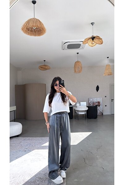 Buket Teke Pantaloni lucioși din satin antracit wide-leg