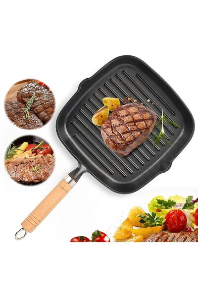 Arabest مقلاة شواء من الحديد الزهر، أواني طهي مربعة بمقبض خشبي، 8.6 بوصة، للط...