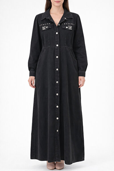 Lotus Taş Detaylı Siyah Denim Gömlek Elbise