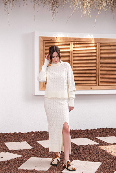 Sea Style Hair Braid Patterned Layered Knitwear Sweater and Midi Skirt Set – ...