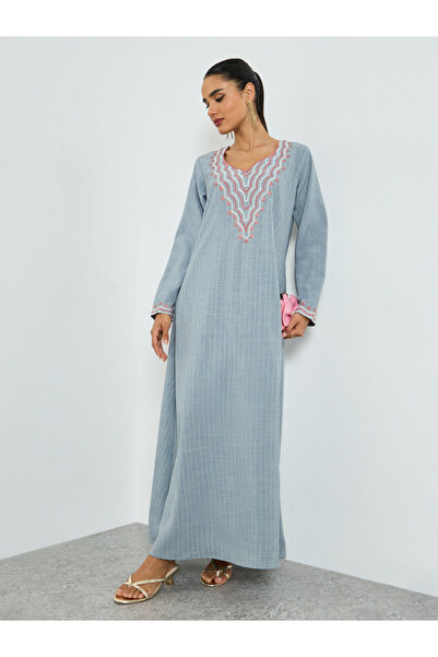 Maxim Creation By Styli Grey Threadwork Embroidery V Neck Jalabiya