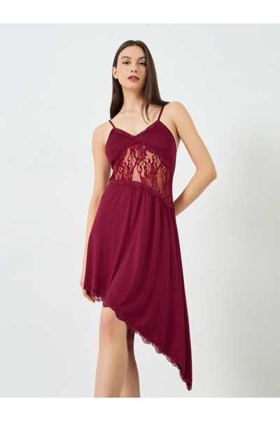 Take Two By Styli Burgundy Lace Trim Asymmetric Slip Dress